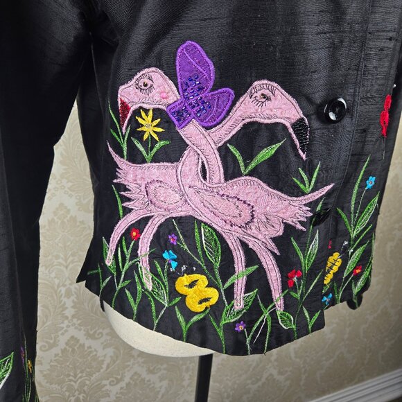 Tunque Nights Size Medium 100% Silk Black Button Up Jacket Embroidered Whimsical - Picture 2 of 16
